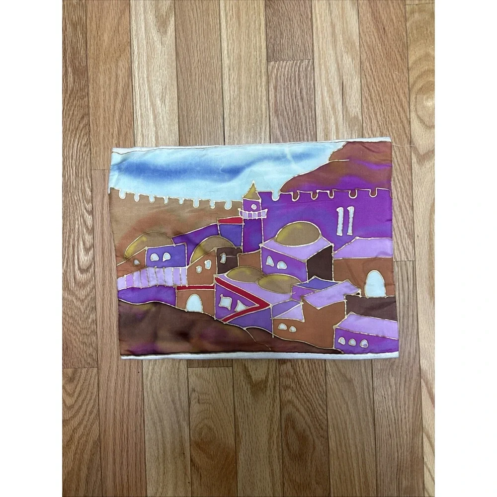 Vibrant Hand Painted Purple & Gold Silk Jerusalem View Talit Bag